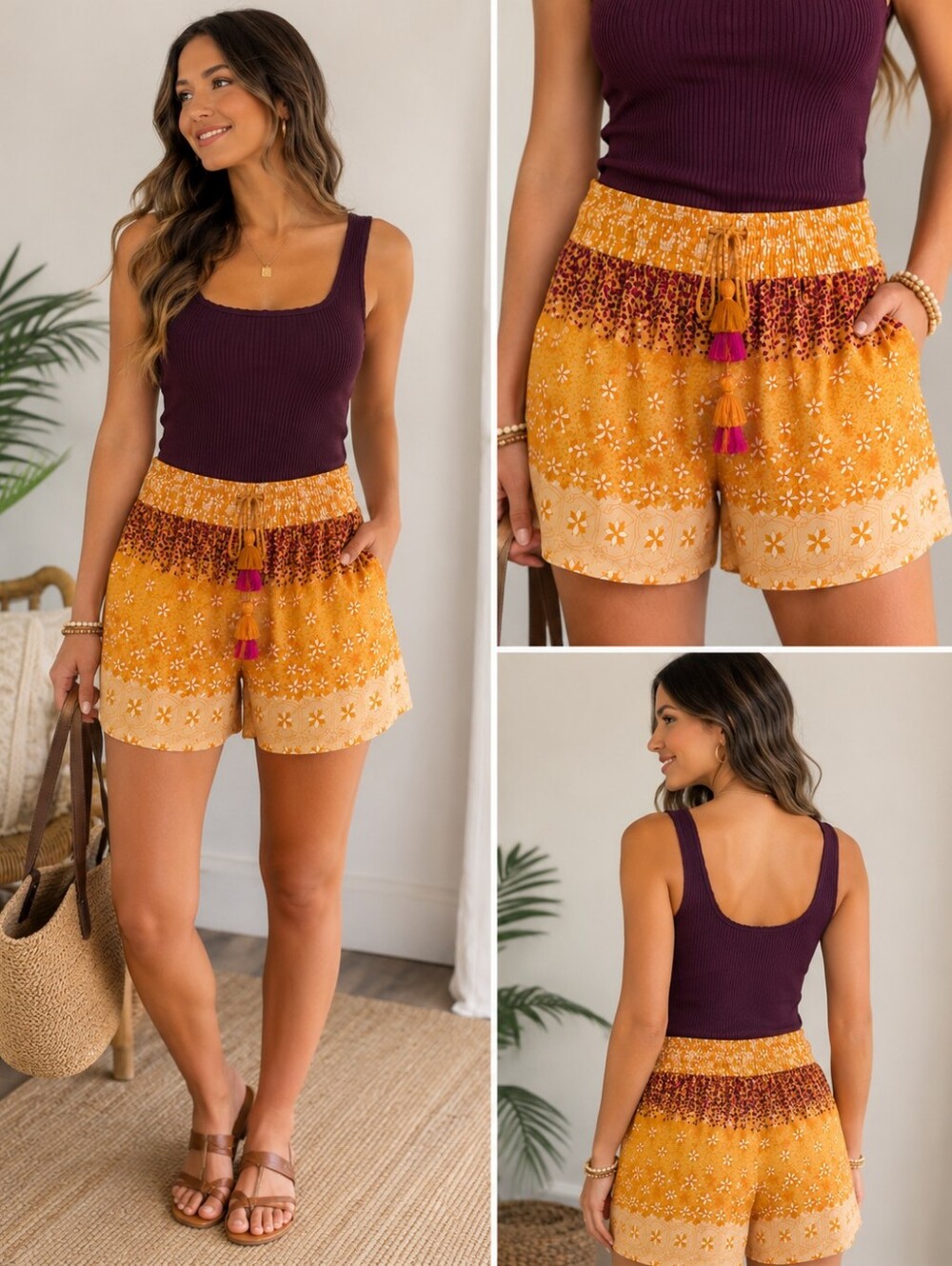 Easel Mustard Boho Floral Print Tassel Smocked Shorts Large A-205